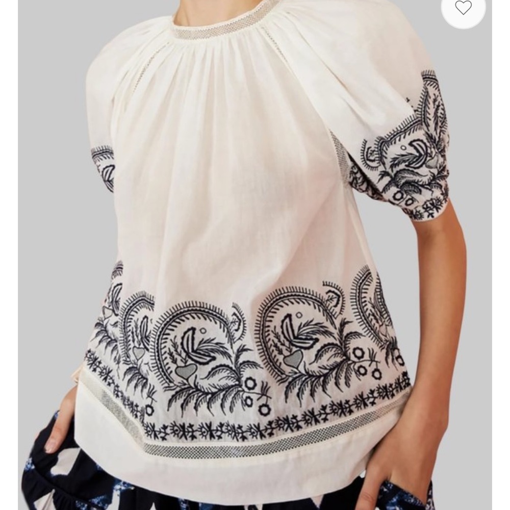 Ulla Johnson Blythe Top White Navy Floral Embroidered Blouse Puff Sleeve…